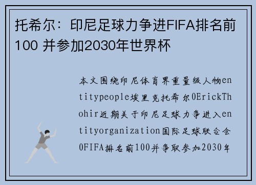 托希尔：印尼足球力争进FIFA排名前100 并参加2030年世界杯